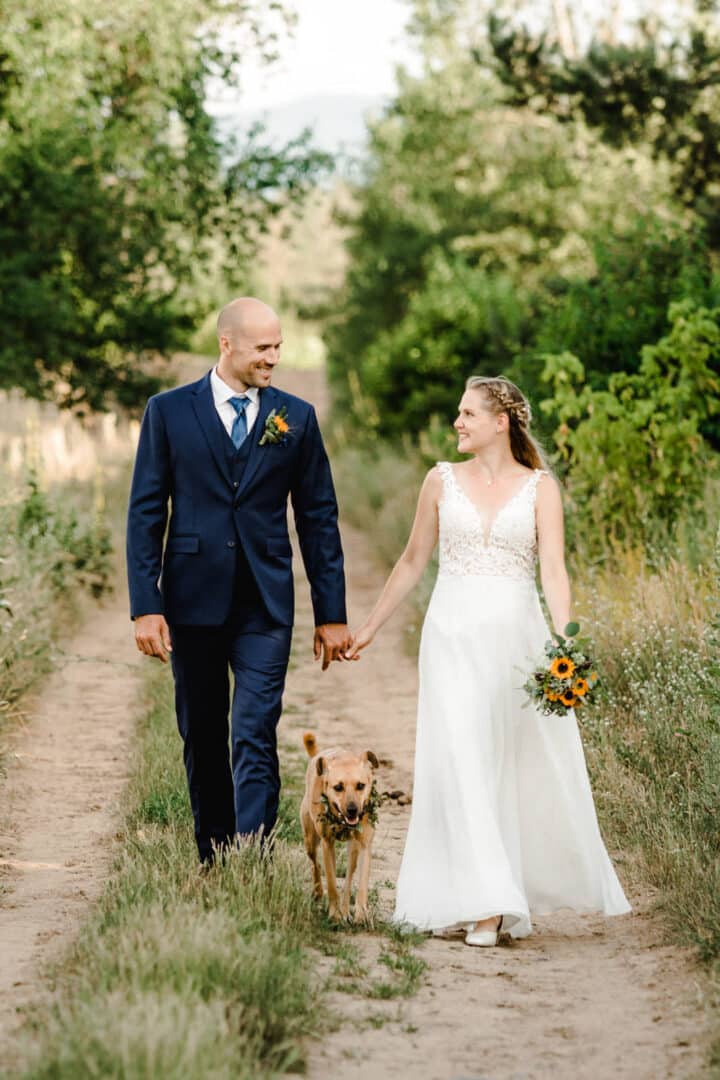 Brautpaar läuft in den Griesheimer Dünen mit ihrem Hund Hand in Hand einen Weg entlang im grünen.
